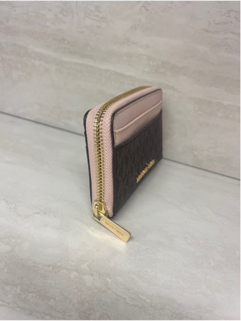 Michael Kors Small Zip Around Card Case Brown Logo Powder Blush - Picture 3 of 4